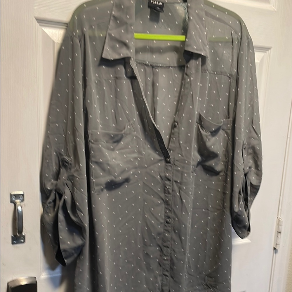Gray Polka Dot Button-Up Shirt. Torrid